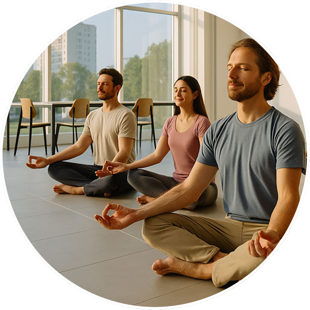 Sesión de yoga para empresas en Valencia, equipo en postura de meditación en la oficina